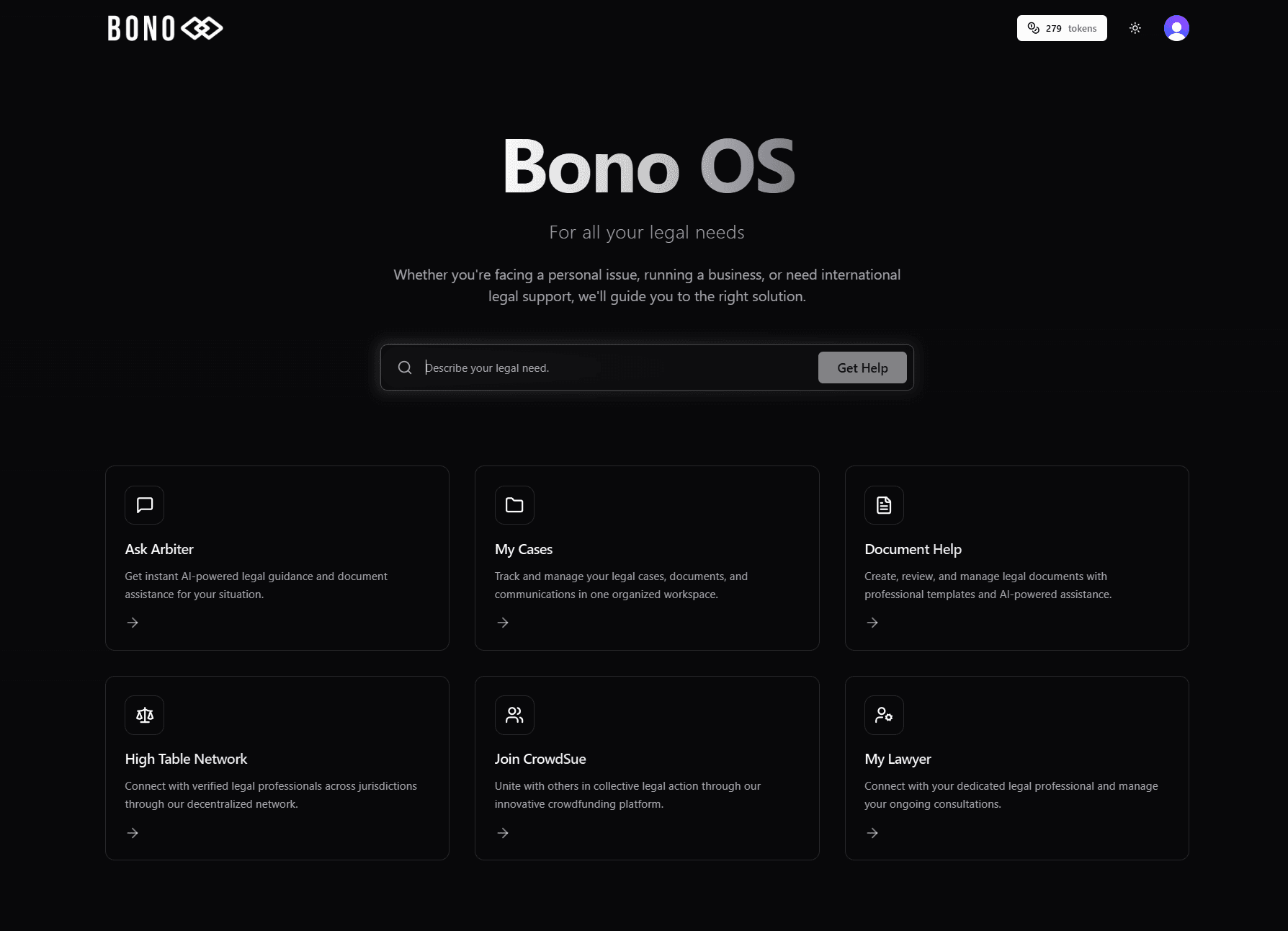 Bono OS homepage. All your legal needs in one place.